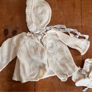 Cream Knit Baby Sweater and Bonnet Set